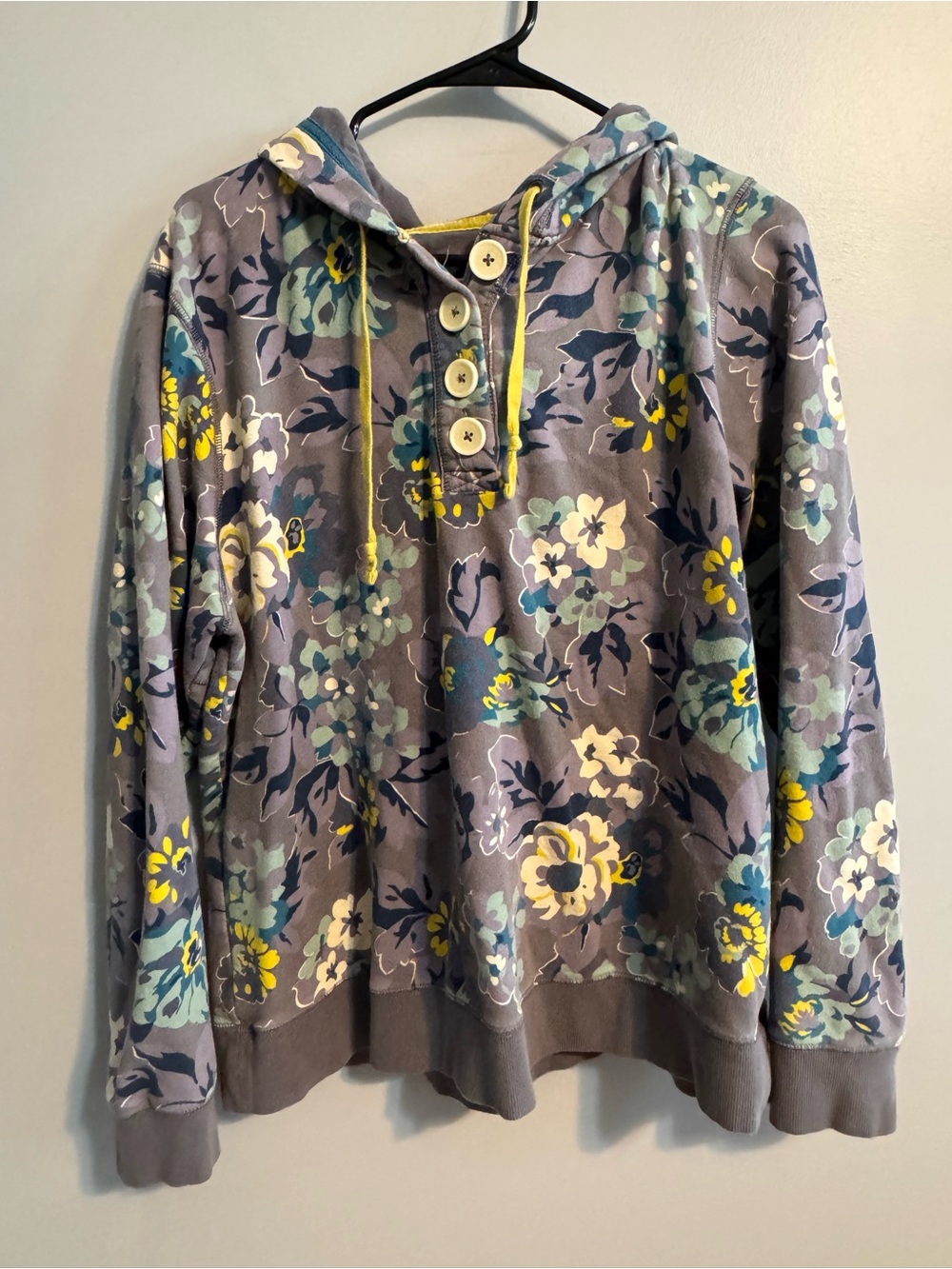 Boden Floral Button Henley Hoodie Pullover Sweatshirt Gray Blue Yellow US 16